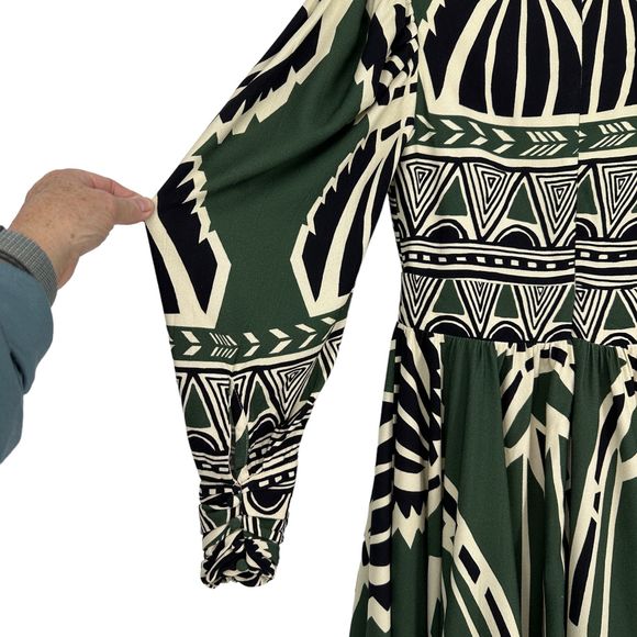 PatBO Dress Size 0 V-Neck Fit Flare Fringe Trim Emerald Green Ivory Print - Picture 8 of 16